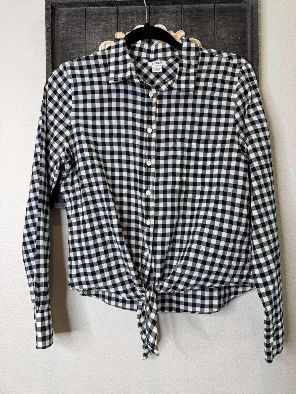 J. Crew Black and White Gingham Tie-Front Button-Down Shirt 100% Cotton